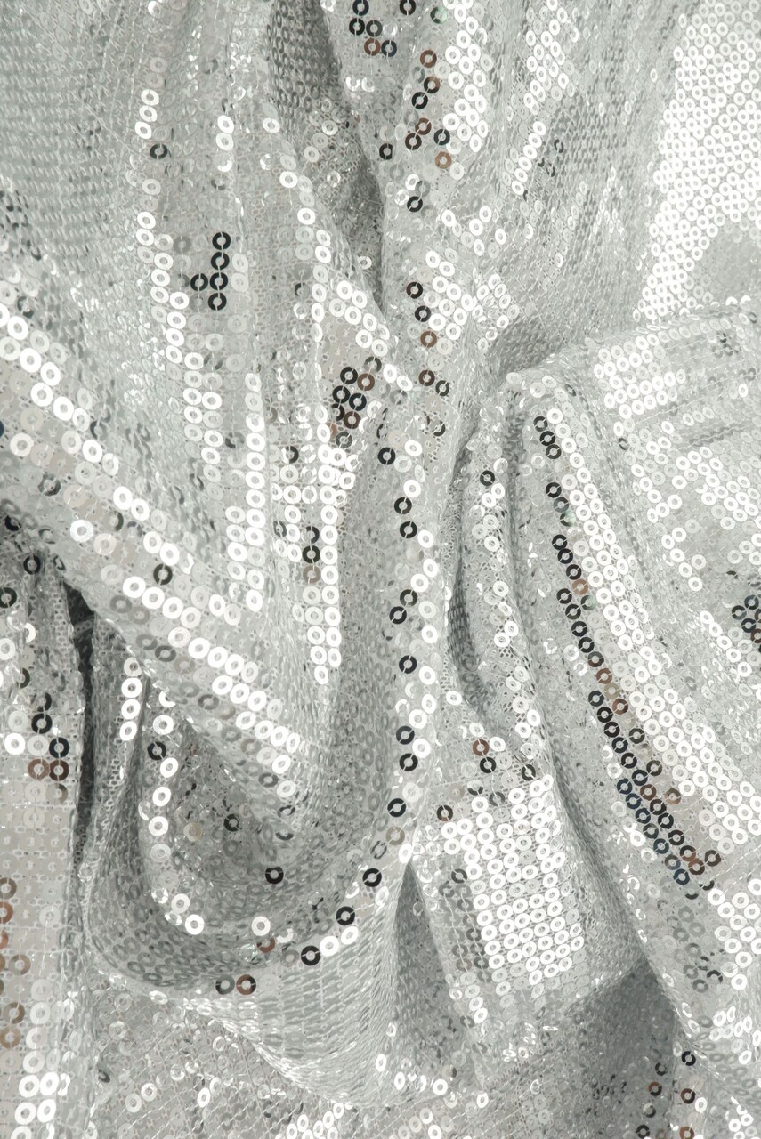 1 Yard Silver Embroidered Sequin Mesh Stretch Fabric 58/60" Width, Polyester Spandex Blend